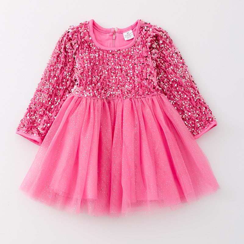 （In Stock L31-2-1）Girls Pink Sequined Tulle Dress