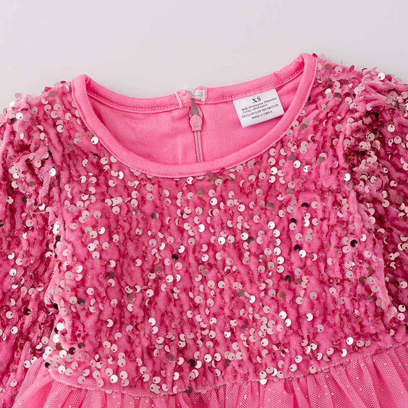 （In Stock L31-2-1）Girls Pink Sequined Tulle Dress