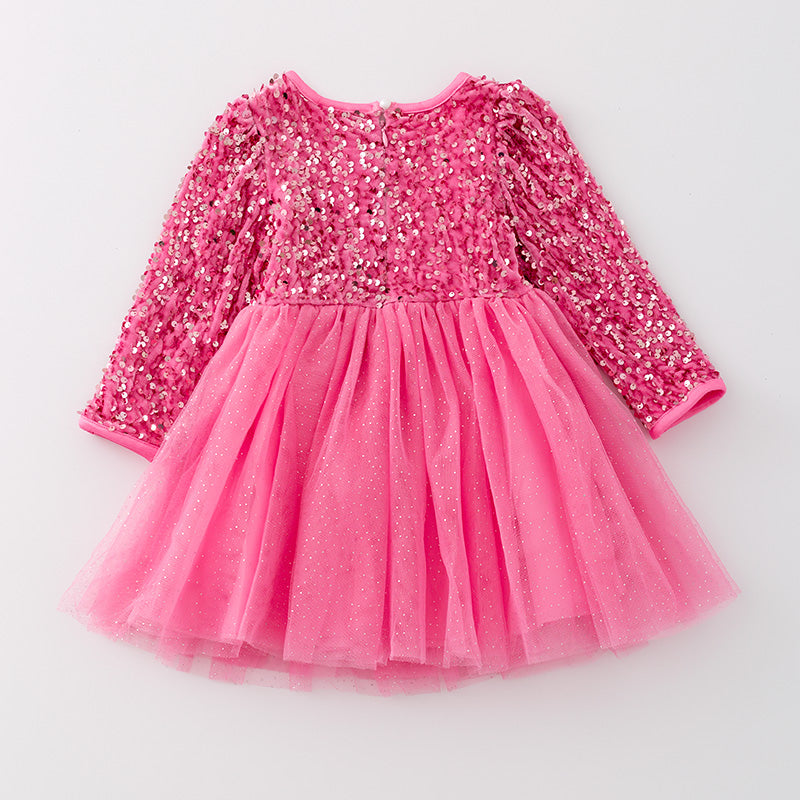 （In Stock L31-2-1）Girls Pink Sequined Tulle Dress