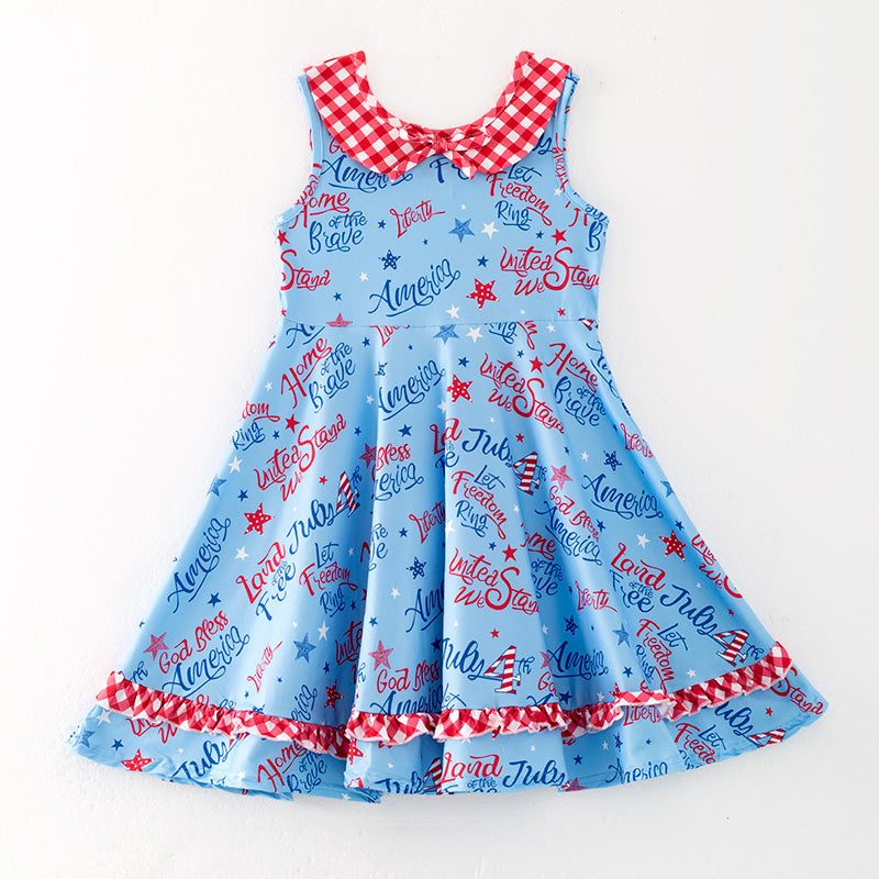 （In Stock）Girls Patriotic Print Knotted Collar Dress