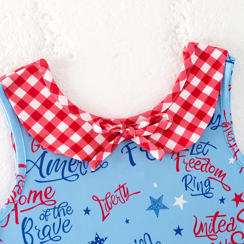 （In Stock）Girls Patriotic Print Knotted Collar Dress