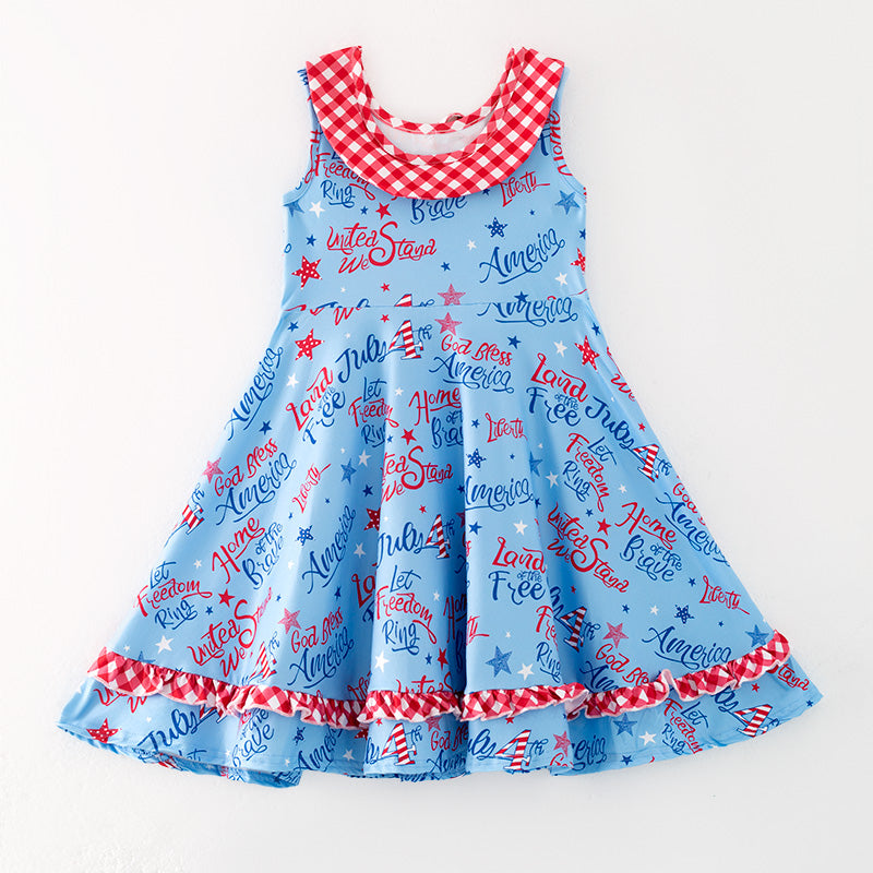 （In Stock）Girls Patriotic Print Knotted Collar Dress