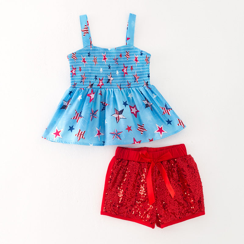 （In Stock）Girls Patriotic Print Smocked Top Sequin Shorts Set