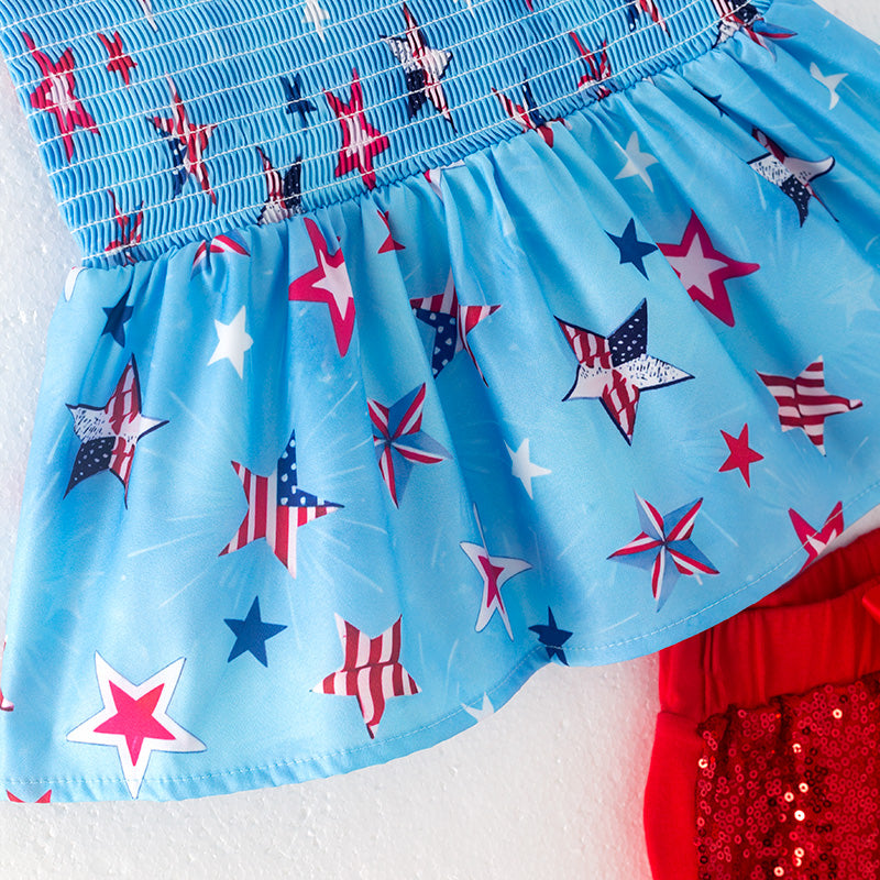 （In Stock）Girls Patriotic Print Smocked Top Sequin Shorts Set