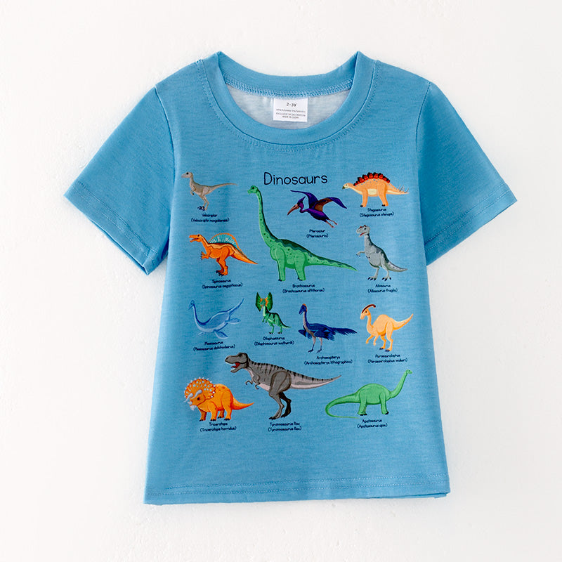 （In Stock）Boys Spring and Summer Dinosaur Print Blue Top