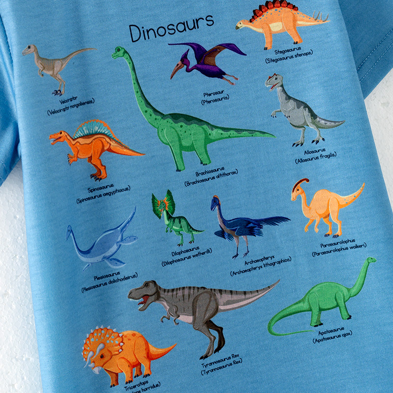 （In Stock）Boys Spring and Summer Dinosaur Print Blue Top