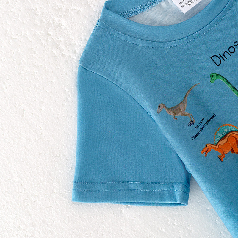 （In Stock）Boys Spring and Summer Dinosaur Print Blue Top