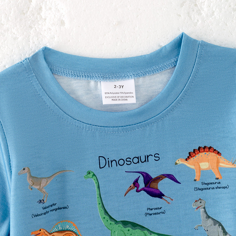 （In Stock）Boys Spring and Summer Dinosaur Print Blue Top