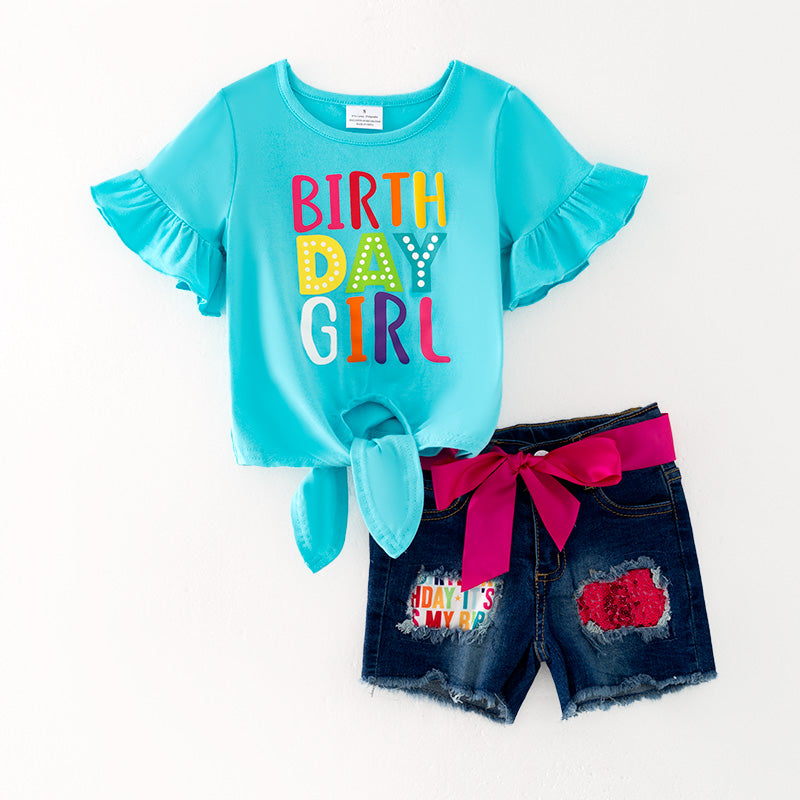 （In Stock）Girls Spring and Summer Birthday Print Denim Set