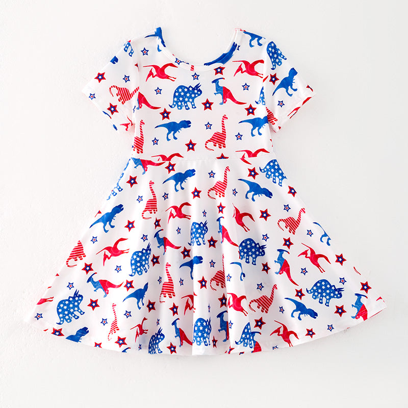 （In Stock）Girls Patriotic Dinosaur Print Dress