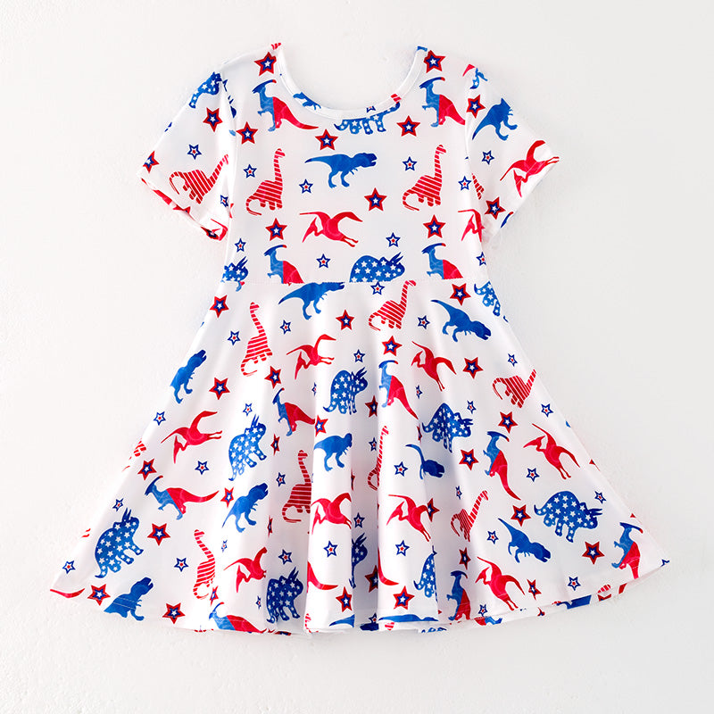 （In Stock）Girls Patriotic Dinosaur Print Dress