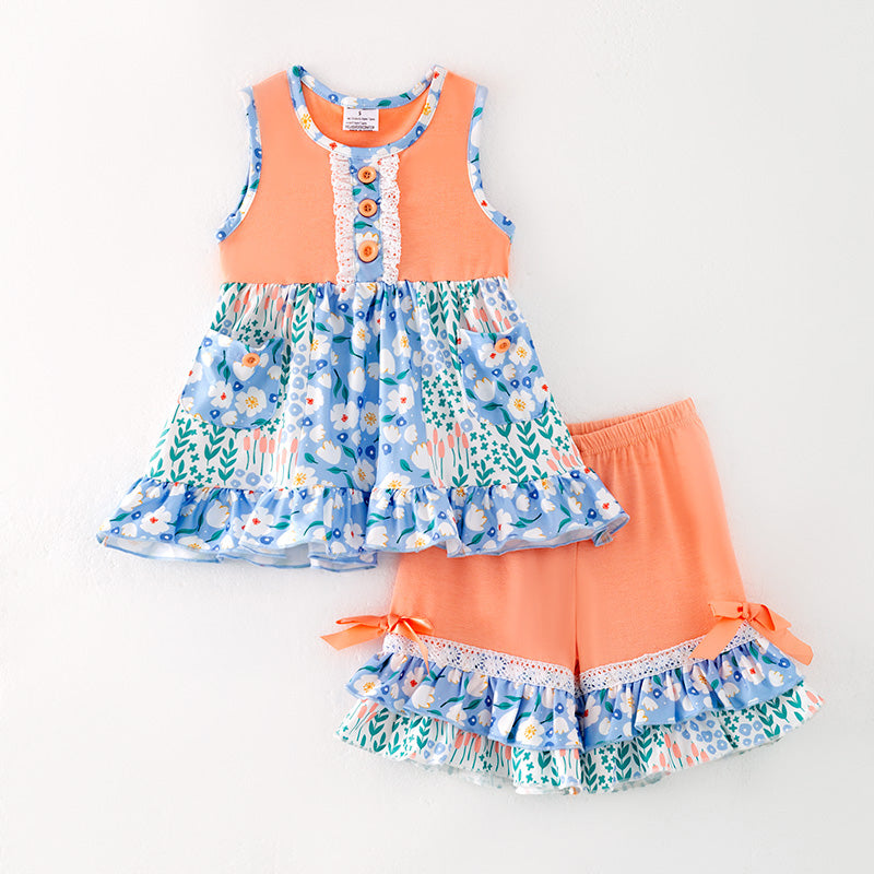 （In Stock）Girls Spring and Summer Coral Floral Print Shorts Set