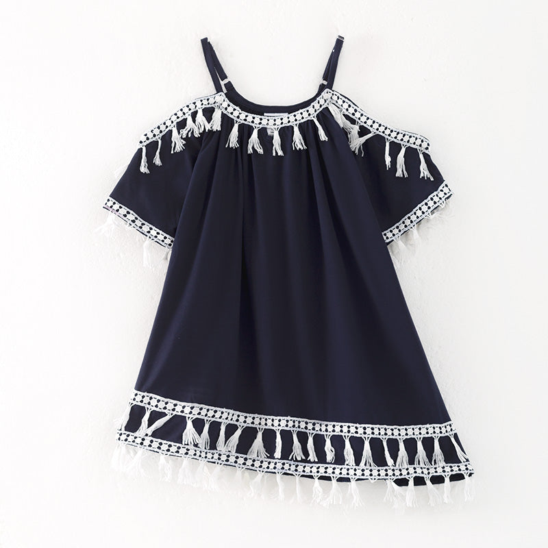 （In Stock）Girls Spring and Summer Navy Fringe Dress