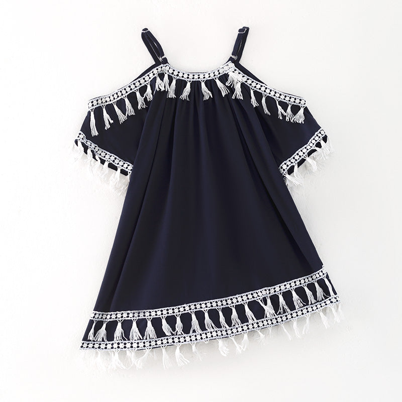 （In Stock）Girls Spring and Summer Navy Fringe Dress