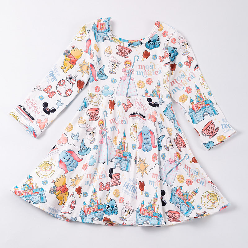 （Pre Order）Girls Fall Cartoon Print Milk Silk Dress