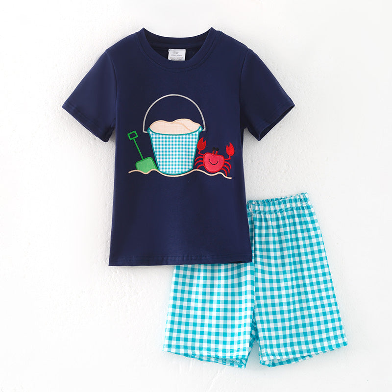 （In Stock）Boys Spring and Summer Seaside Applique Shorts Set