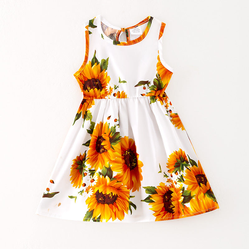 （In Stock）Girls Spring and Summer Sunflower Print Dress