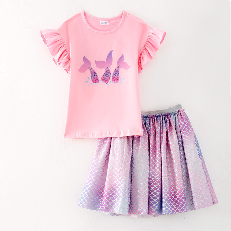 （In Stock）One Pack(2 Pieces total) Sale Girls Spring and Summer Mermaid Print Skirt Set