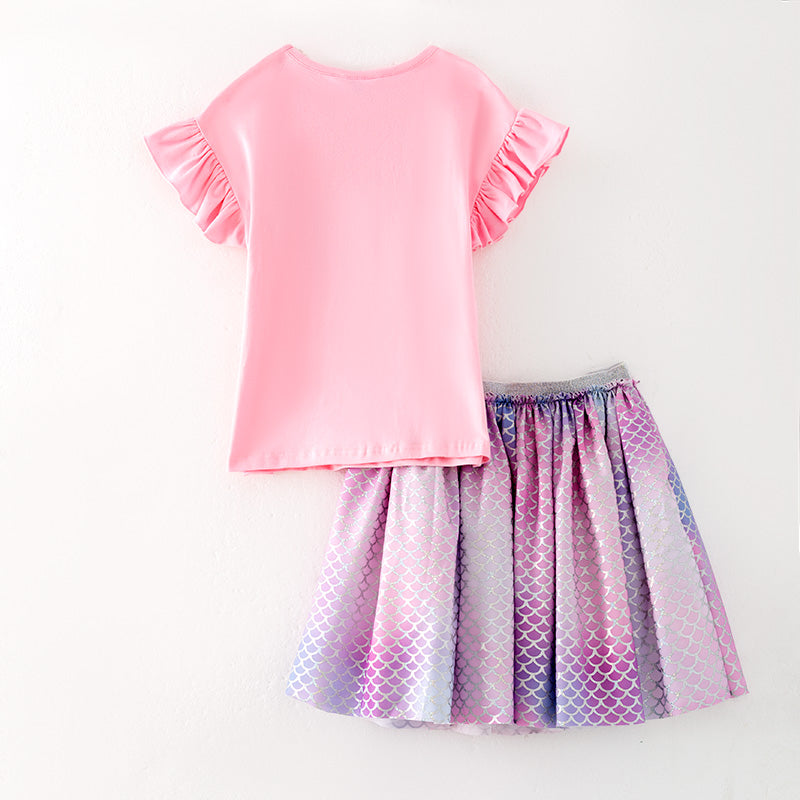 （In Stock）One Pack(2 Pieces total) Sale Girls Spring and Summer Mermaid Print Skirt Set