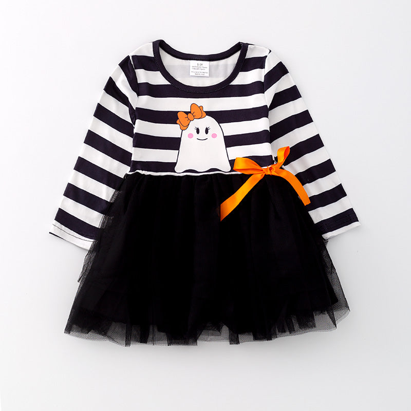 （In Stock E02-05-02）Girls Halloween Stripe Ghost Print Tulle Dress