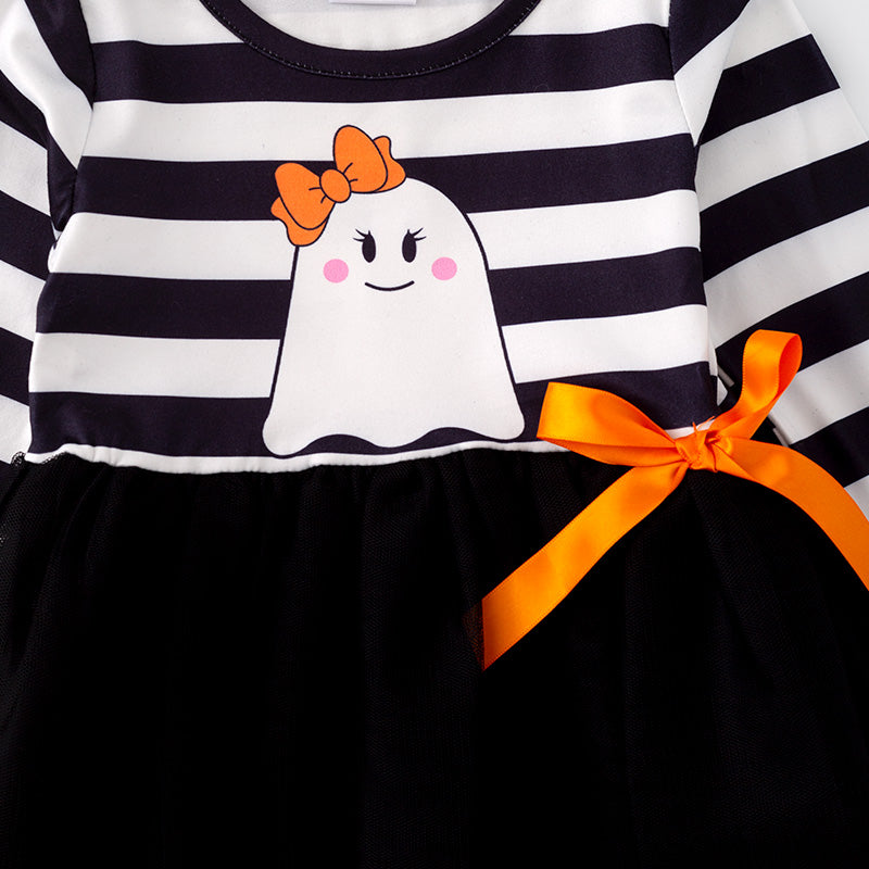 （In Stock E02-05-02）Girls Halloween Stripe Ghost Print Tulle Dress