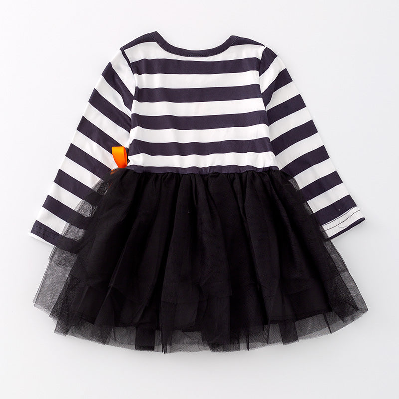 （In Stock E02-05-02）Girls Halloween Stripe Ghost Print Tulle Dress