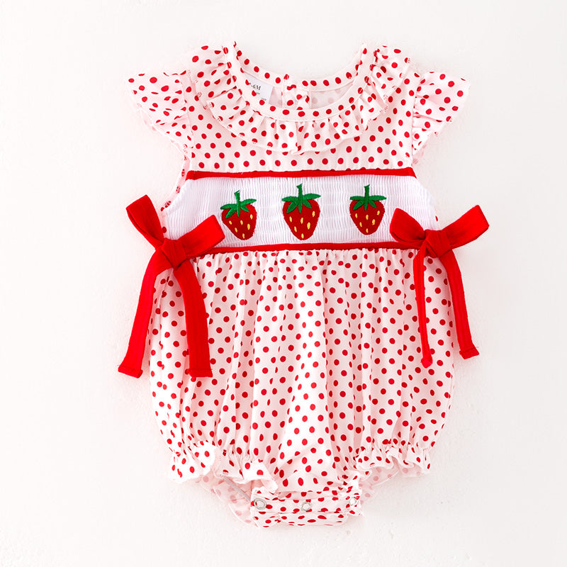 （In Stock）Toddler Girls Spring and Summer Strawberry Embroidery Smocked Romper