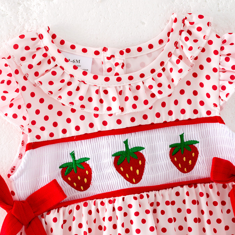 （In Stock）Toddler Girls Spring and Summer Strawberry Embroidery Smocked Romper