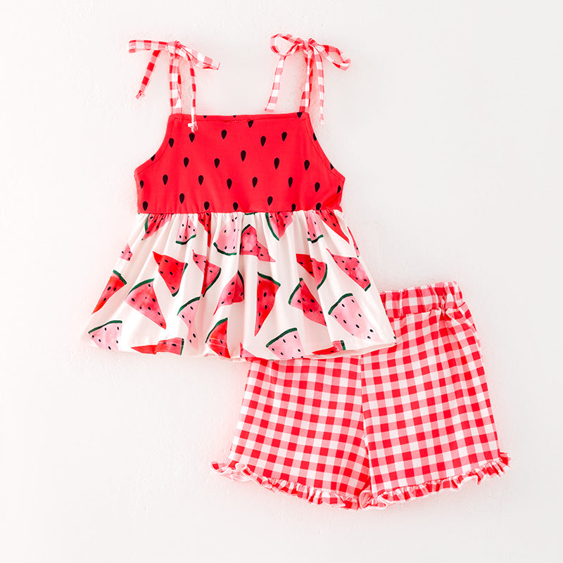 （In Stock）One Pack(11 Pieces total) Sale Girls Spring and Summer Watermelon Print Shorts Set