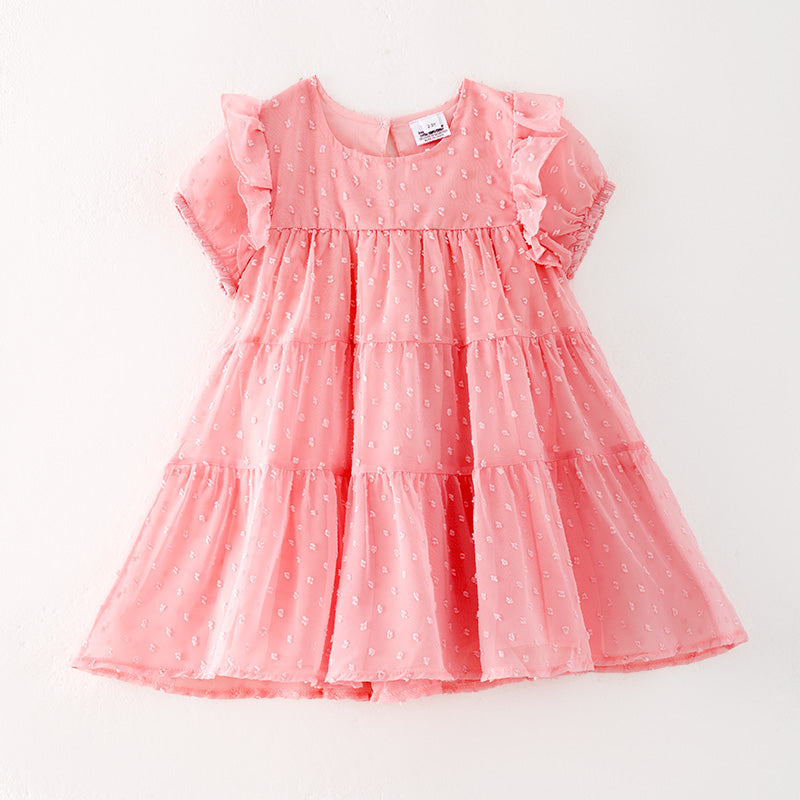 （In Stock）Girls Spring and Summer Pink Swiss Dot Dress