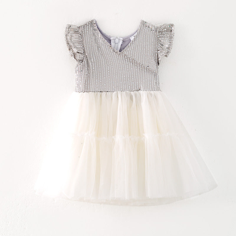 （In Stock）Girls Spring and Summer Silver Sequin Tulle Dress