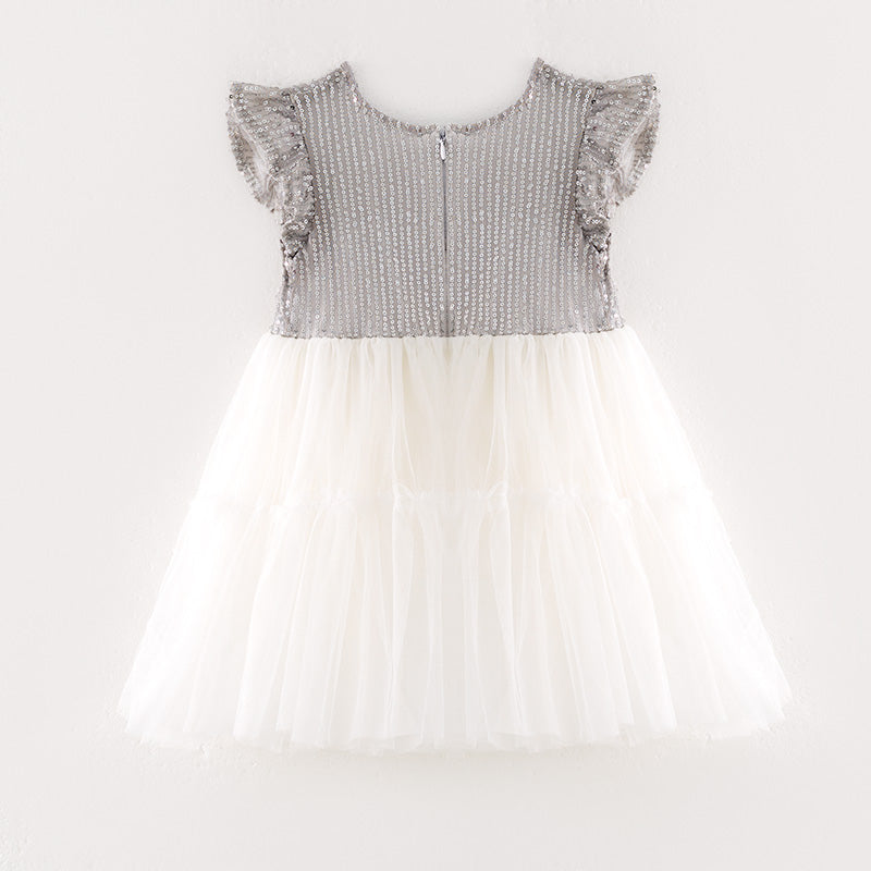 （In Stock）Girls Spring and Summer Silver Sequin Tulle Dress