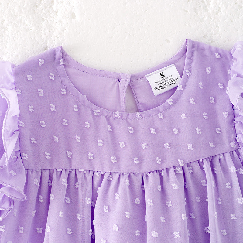 （In Stock）Girls Spring and Summer Lavender Swiss Dot Dress