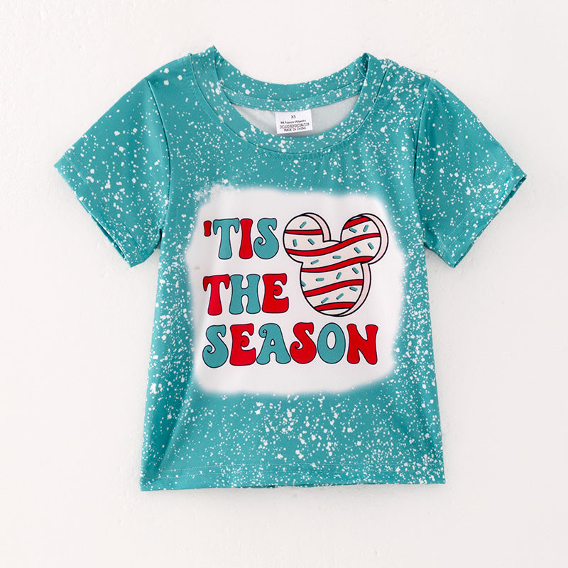 （In Stock L08-04-01）Girls Christmas Print Green T-shirt