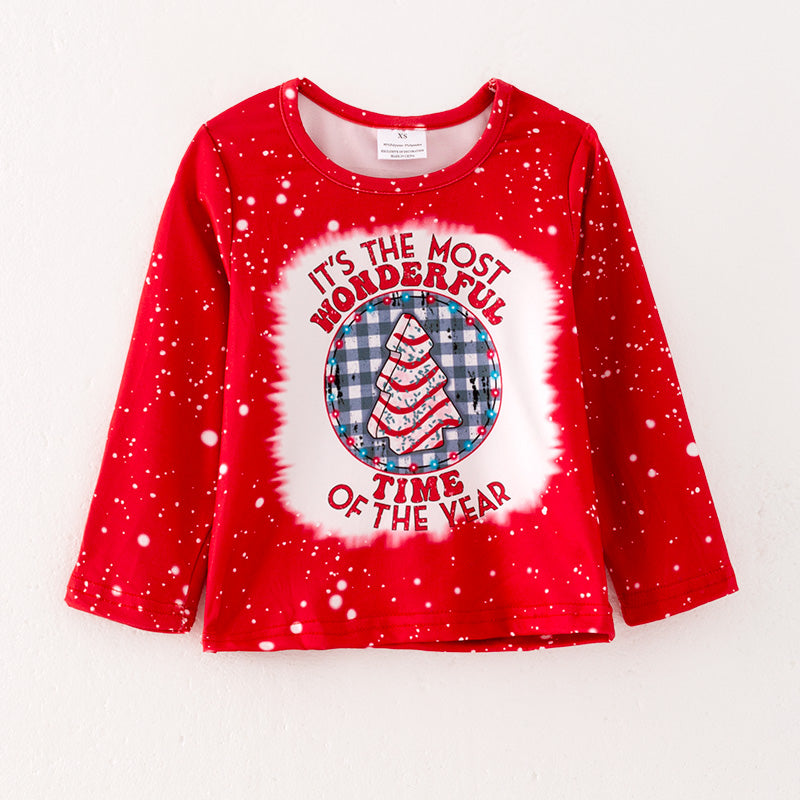 （In Stock L08-01-01）Girls Christmas Print Red Top