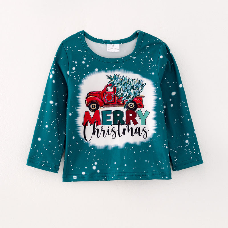 （In Stock L08-05-02）Girls Christmas Print Green Top