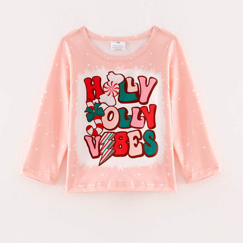 （In Stock L08-04-02）Girls Christmas Print Baby Pink Top