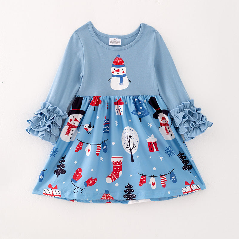 （In Stock L08-05-02）Girls Christmas Snowman Print Dress