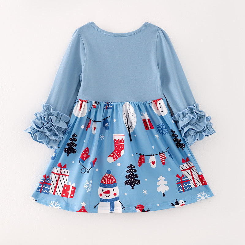 （In Stock L08-05-02）Girls Christmas Snowman Print Dress