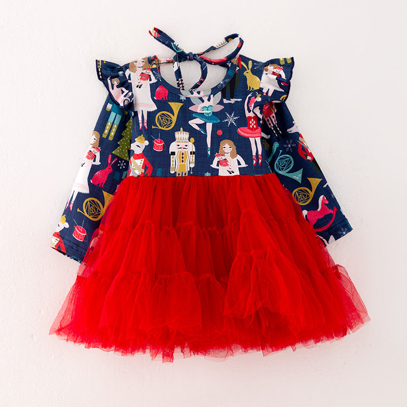 （In Stock L36-05-02）Girls Christmas Print Tulle Dress