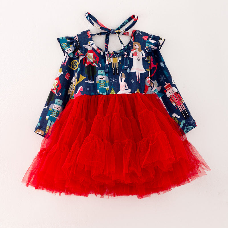 （In Stock L36-05-02）Girls Christmas Print Tulle Dress