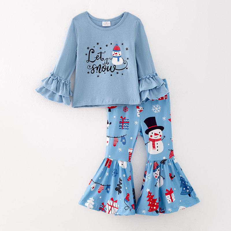 （In Stock L08-04-01）Girls Christmas Snowman Print Outfit Set