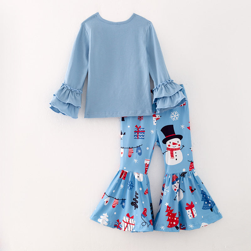 （In Stock L08-04-01）Girls Christmas Snowman Print Outfit Set