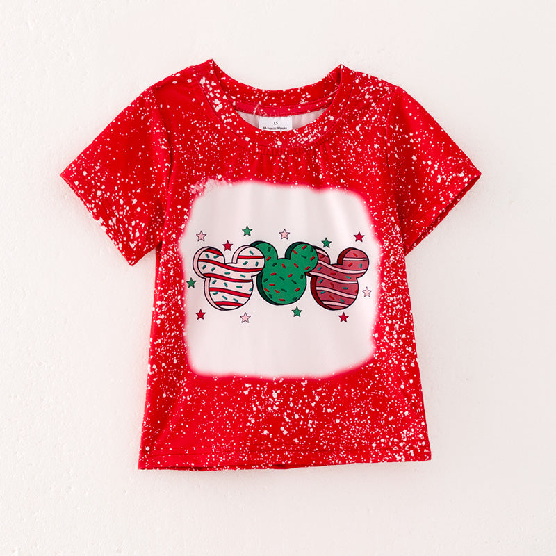 （In Stock L37-1-2）Girls Christmas Print Red T-shirt