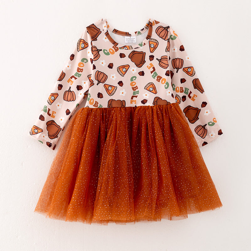 （In Stock L07-02-01）Girls Thanksgiving Print Tulle Dress