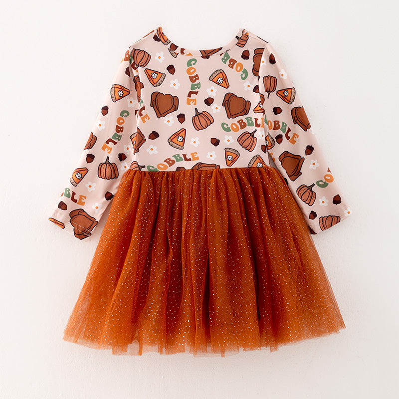 （In Stock L07-02-01）Girls Thanksgiving Print Tulle Dress