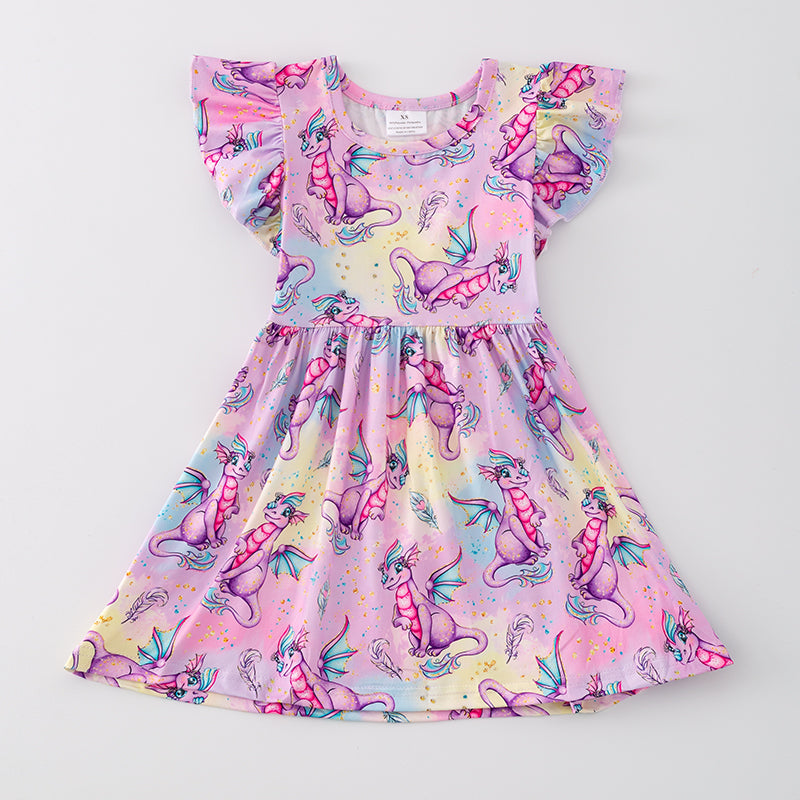 Girls Pink Lavender Dino Print Milk Silk Dress