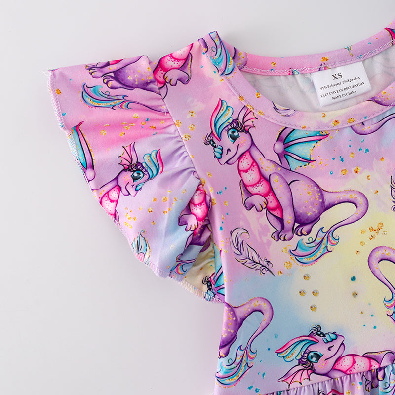 Girls Pink Lavender Dino Print Milk Silk Dress