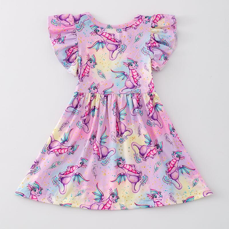 Girls Pink Lavender Dino Print Milk Silk Dress