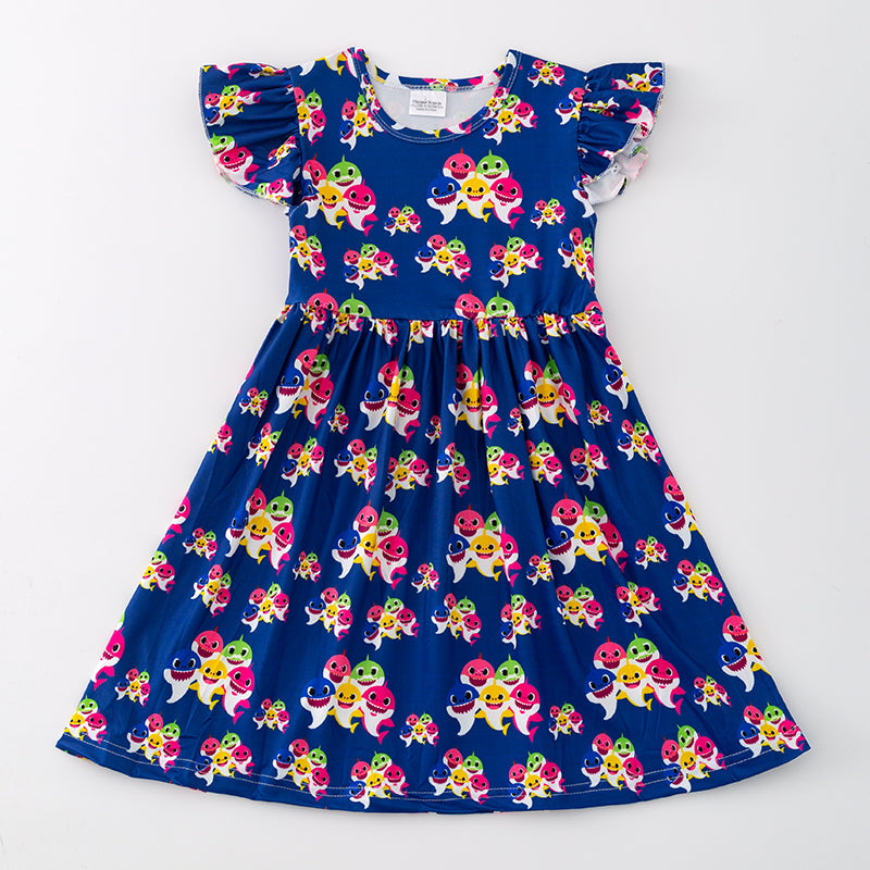 Girls Navy Shark Print Milk Silk Dress